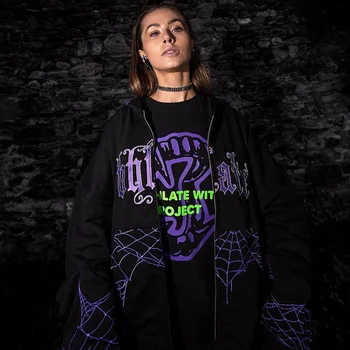 Goth violetinė voratinklyje laišką Šiltas Zip Hoodie ilgomis Rankovėmis Negabaritinių hoodie striukė Harajuku Grunge 2022 punk palaidinukė sportas