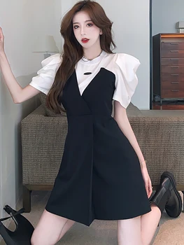 Vasaros Juoda Kratinys Netikrą Dviejų Dalių Mini Suknelė Moterims Korėjos Mados Chic Promenadzie Suknelė 2023 Elegantiškas Bodycon Oficialus Suknelė