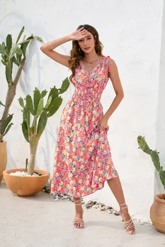 2023 Naujas Vasaros Paplūdimio Moterų Naujo Produkto Juosmens Kolekcija Gėlių Spausdinti Ilgas Šalis Suknelė Vintage V-Kaklo Dirželis Atsitiktinis Sundresses