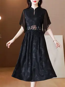 2023 Vasaros Kinijos Siuvinėjimo Suknelė Ponios Mados Stovėti Apykaklės, Trumpomis Rankovėmis, Plonas Elegantiškas Retro Etninės Stiliaus Suknelė Z1500