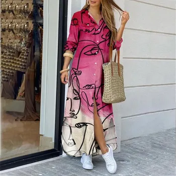 Moterų Marškinėliai Vestido 2023 Mados Streetwear Spausdinti Prarasti Ilgomis Rankovėmis Vasaros Apdaras Prašmatnus Vieną Krūtinėmis Ilgas, Maxi Suknelė Feminin