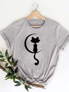 katė mėnulis tendencija mielas Print T-marškiniai, Drabužiai Moterims T Drabužius trumpomis Rankovėmis Ponios Atsitiktinis Mados Moterų Grafinis Tee