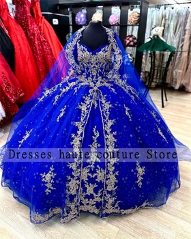 Meksikos Royal Blue Lace Quinceanera Suknelės Kamuolys Chalatai 2023 Su Žaliuoju Zawalcowany Aplikacijos Saldus 16 Suknelė Nėriniai-Up Vestidos De XV Anos