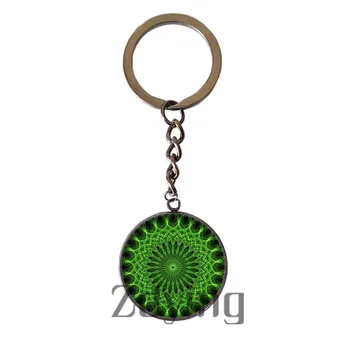 Zdying 2019 Bohemijos Stiliaus Žalia Mandala Modelio Žavesio Keychain Stiklo Cabochon Foto Dome Keyrings Key Chain Pakabukas Dovana HM110
