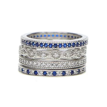 aukščiausios kokybės elegantiškas 925 gryno sidabro moterų žiedas subtilus sidabro plonas žiedas nustatyti, mėlyna cz asfaltuotas 4pc žiedas nustatyti vienas žiedas lašas