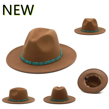 Nauji turkio spalvos grandinės vilnonių skrybėlę moterų plataus kraštais fedora fetrinė skrybėlė rudens ir žiemos vyrų Panama džiazo skrybėlę