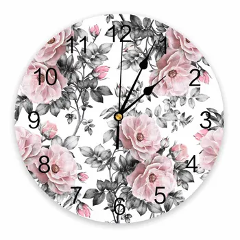 Puokštė Gėlės Rausvos Rožės Vintage Baltas Dekoratyvinis Apvalus Sieninis Laikrodis Individualizuotos Dizainas Ne Pažymint Silent Miegamieji, Didelis Sieninis Laikrodis