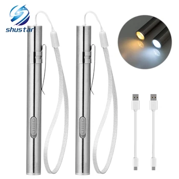 Įkraunamas LED Žibintuvėlis Pen šviesos MINI Žibintuvėlis Cool baltas + šilta balta šviesa, Su USB įkrovimo kabelis Naudojamas kempingas, gydytojai