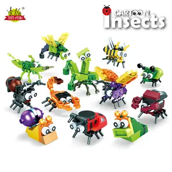 Atsitiktinis 1 dėžutė mažų dalelių vabzdžių blokai animacinių filmų vabzdžių ir gyvūnų pasaulyje, statyba blokai modelis surinkti švietimo žaislai