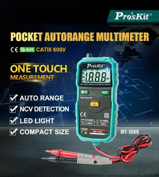 Pro'skit MT-1509-C Smart Kišenėje Automatinis Skaitmeninis Multimetras Ammeter Ne-kreipkitės Bandymo LED Žibintuvėlis