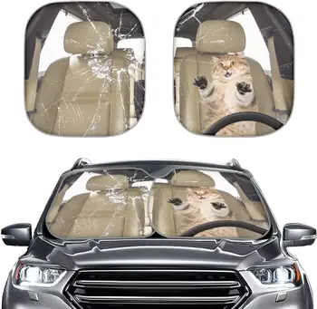 Dajingkj Funny Cat Vairuotojo Dizaino Automobilio Saulės Pavėsyje, prekinis, galinis Stiklo skėtį nuo saulės Moterims, 2 Pakuočių Fit UV Apsaugoti Sulankstomas Universalus Akordeonas