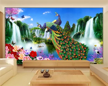 Individualizuotos fono paveikslėlį super aišku, povas kraštovaizdžio bijūnas slyvų krioklys dekoracijos kambarį fone, sienų apdaila dažymas