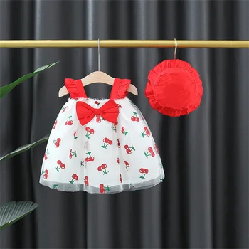 Vasaros Baby Girl Dress Naują Vyšnių Spausdinimo Akių Nėrinių Diržas Princesė Suknelė, Skrybėlė