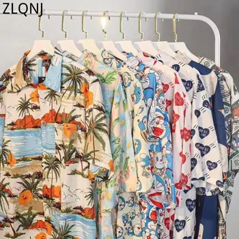 Derliaus Gatvės Mens Havajų Marškinėliai Trumpomis Rankovėmis Vasarą Naujų 2023 Plonas Mygtuką Žemyn Marškiniai Gėlių Spausdinti Palaidinė Top Moterų Streetwear
